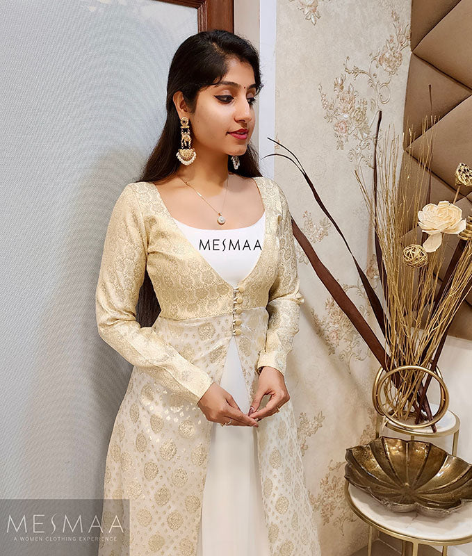 Half white gold banarasi gown