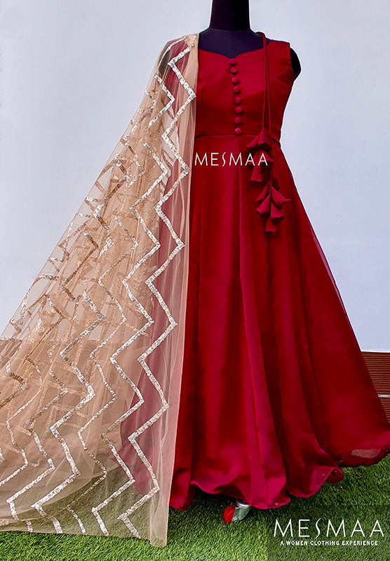 Maroon beige georgette gown