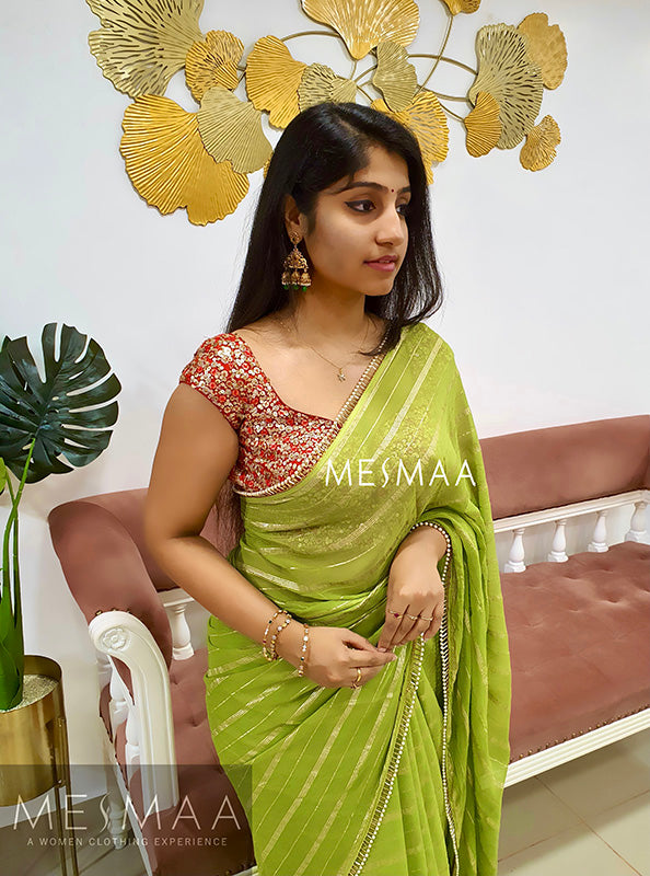 Green red striped saree