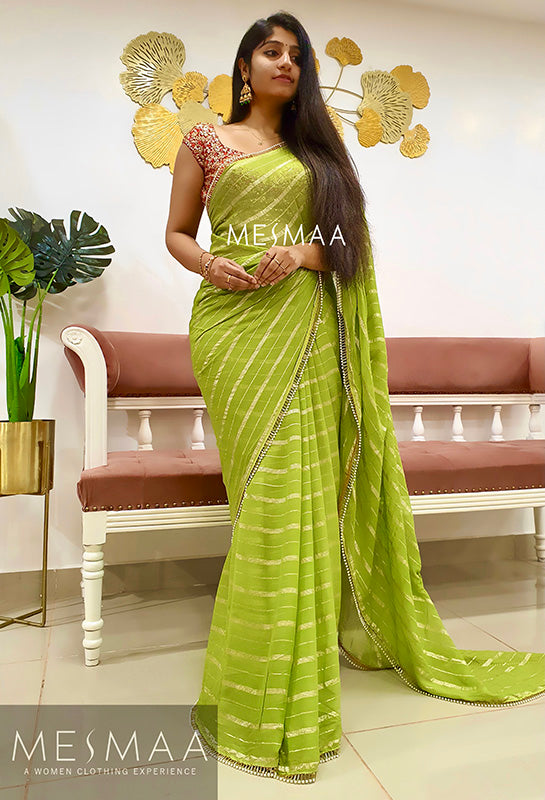 Green red striped saree