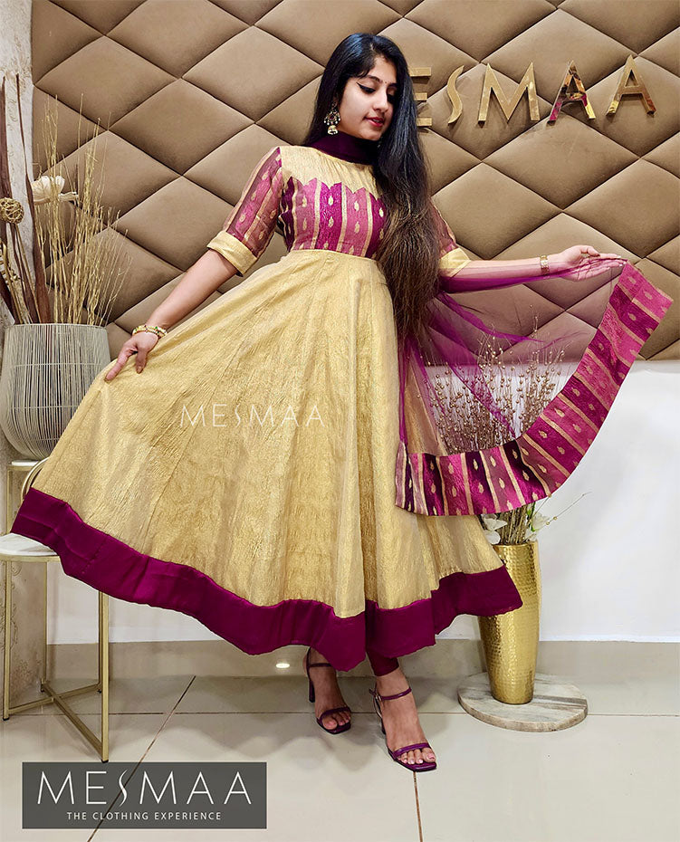 Purple mango yellow tissue anarkali.
