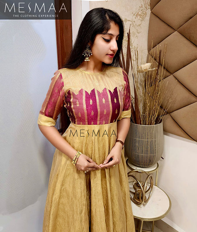 Purple mango yellow tissue anarkali.