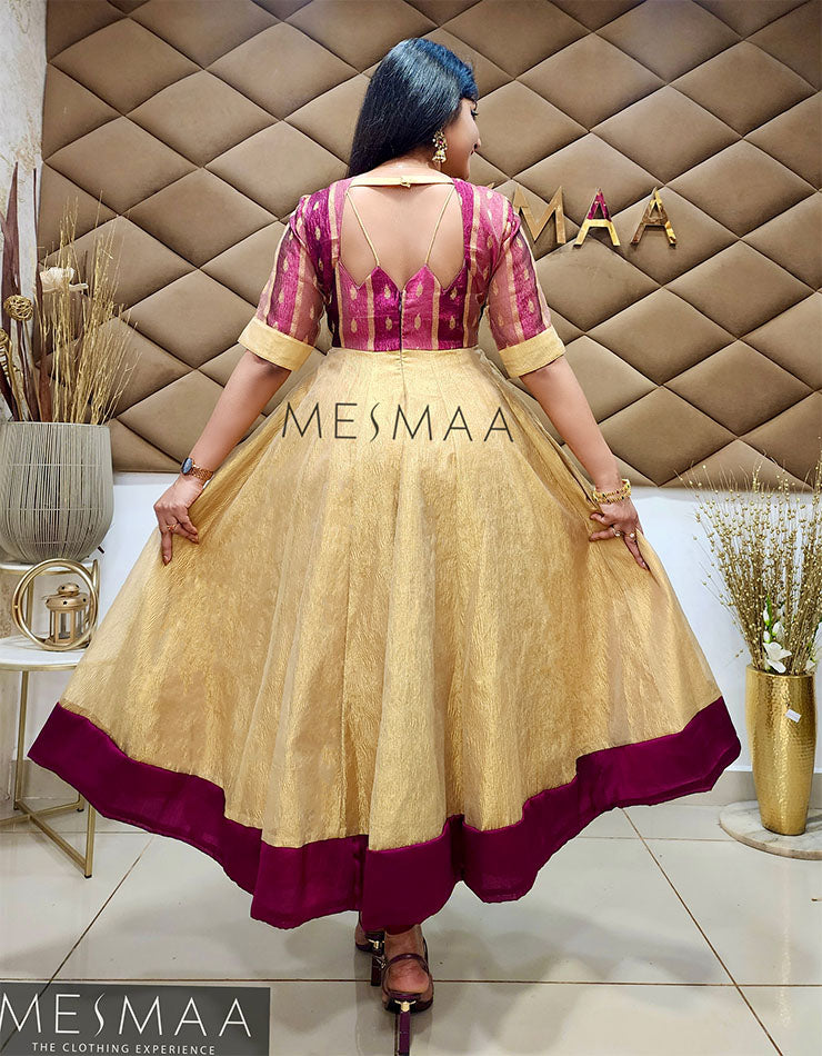 Purple mango yellow tissue anarkali.