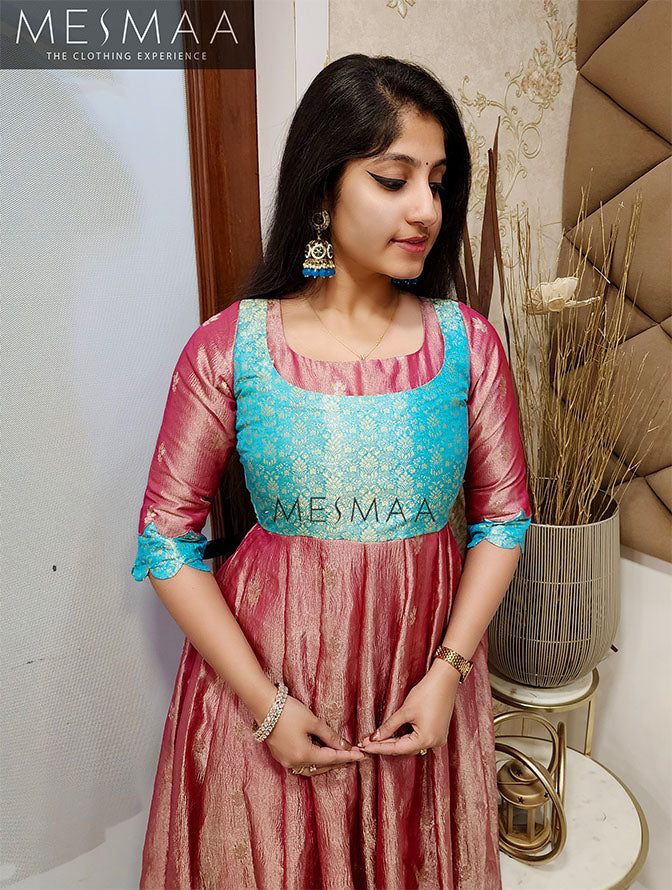 Purple mango yellow tissue anarkali.