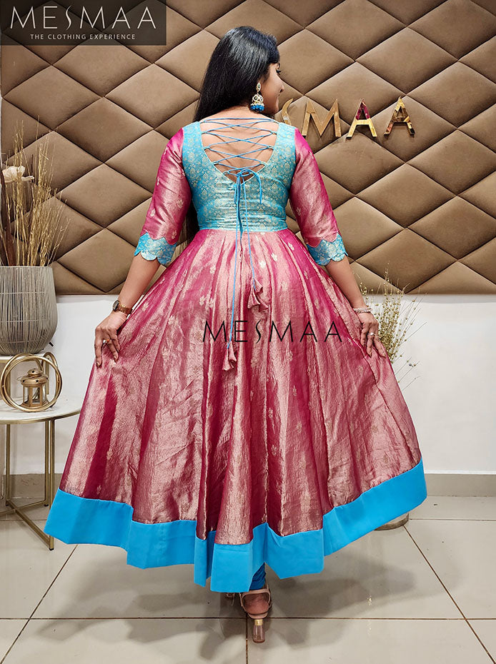 Purple mango yellow tissue anarkali.