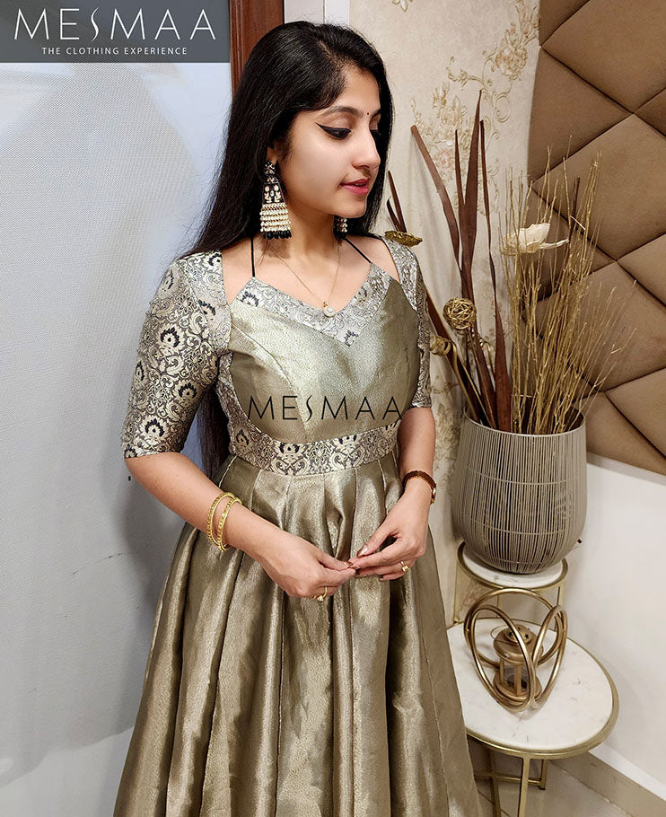 Purple mango yellow tissue anarkali.