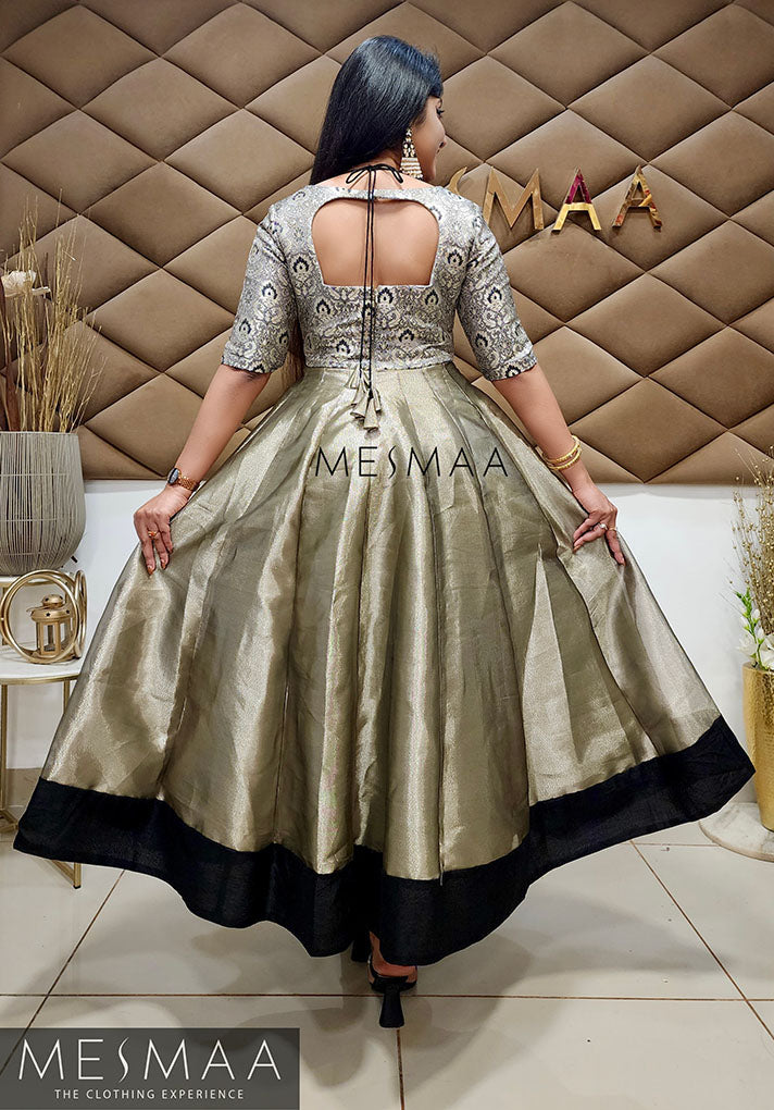 Purple mango yellow tissue anarkali.