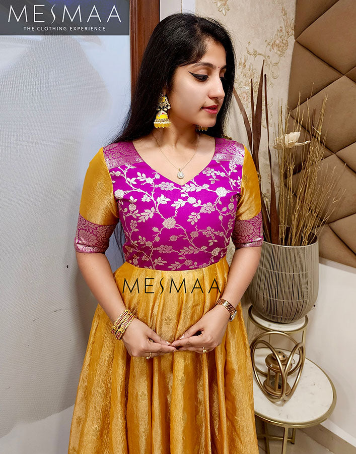 Purple mango yellow tissue anarkali.