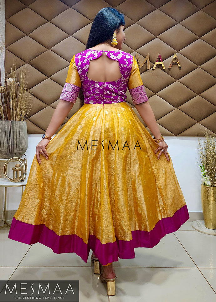 Purple mango yellow tissue anarkali.