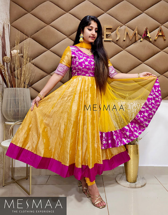 Purple mango yellow tissue anarkali.