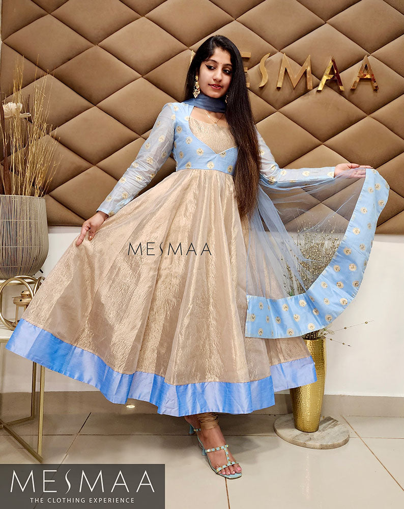 Purple mango yellow tissue anarkali.