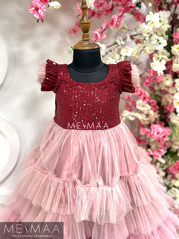 Maroon pastel pink layered kids gown