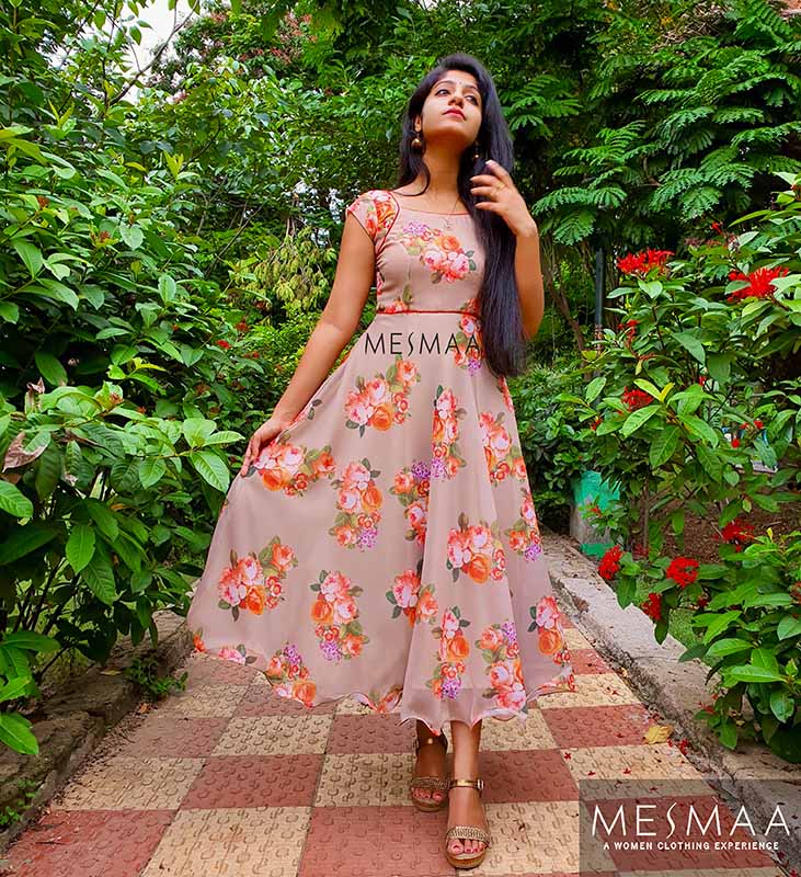 Sepia colour floral printed  Anarkali.