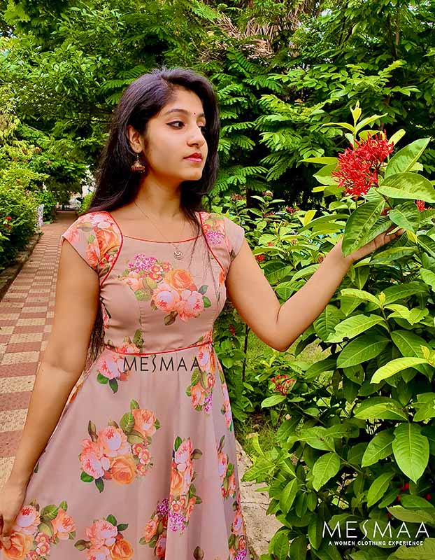 Sepia colour floral printed  Anarkali.