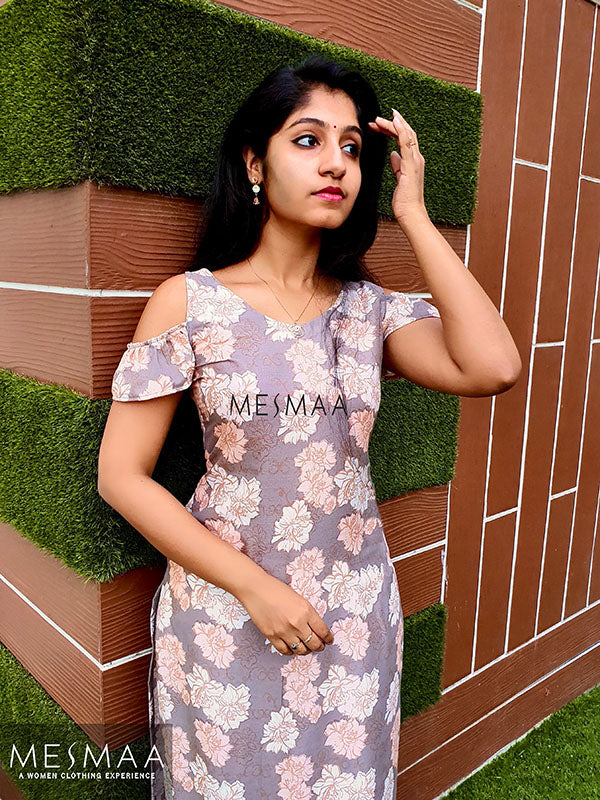 Grey peach floral printed kurti