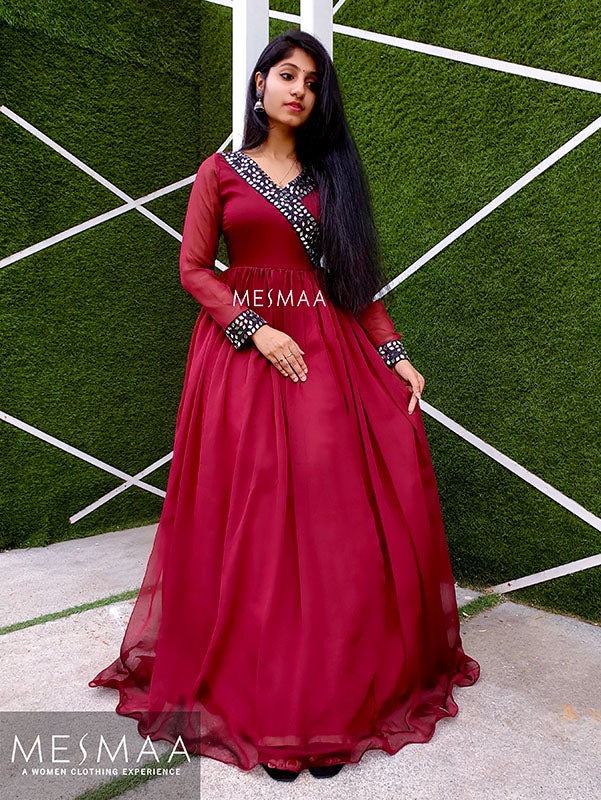 Maroon black mirror work gown