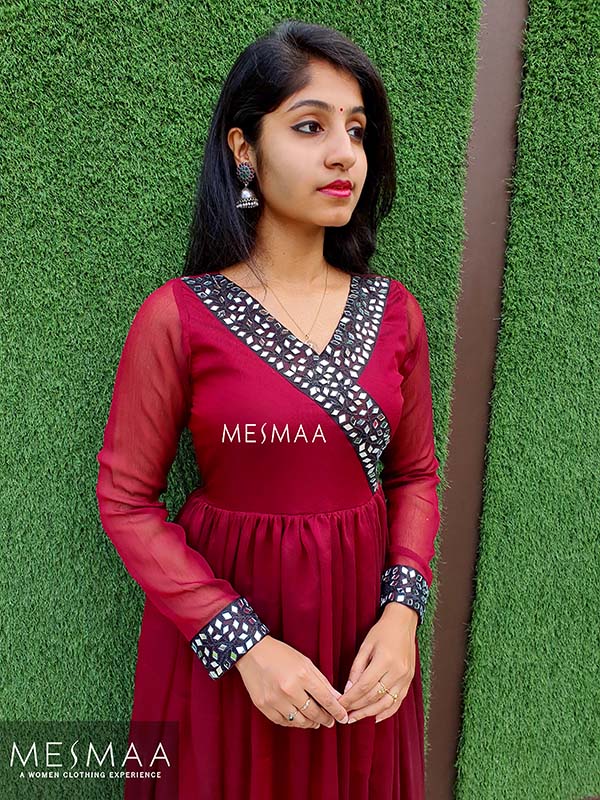 Maroon black mirror work gown