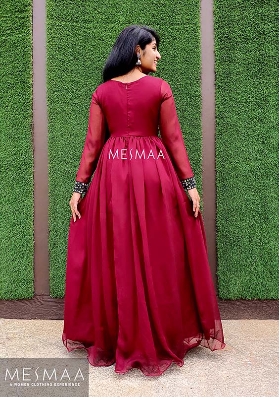 Maroon black mirror work gown