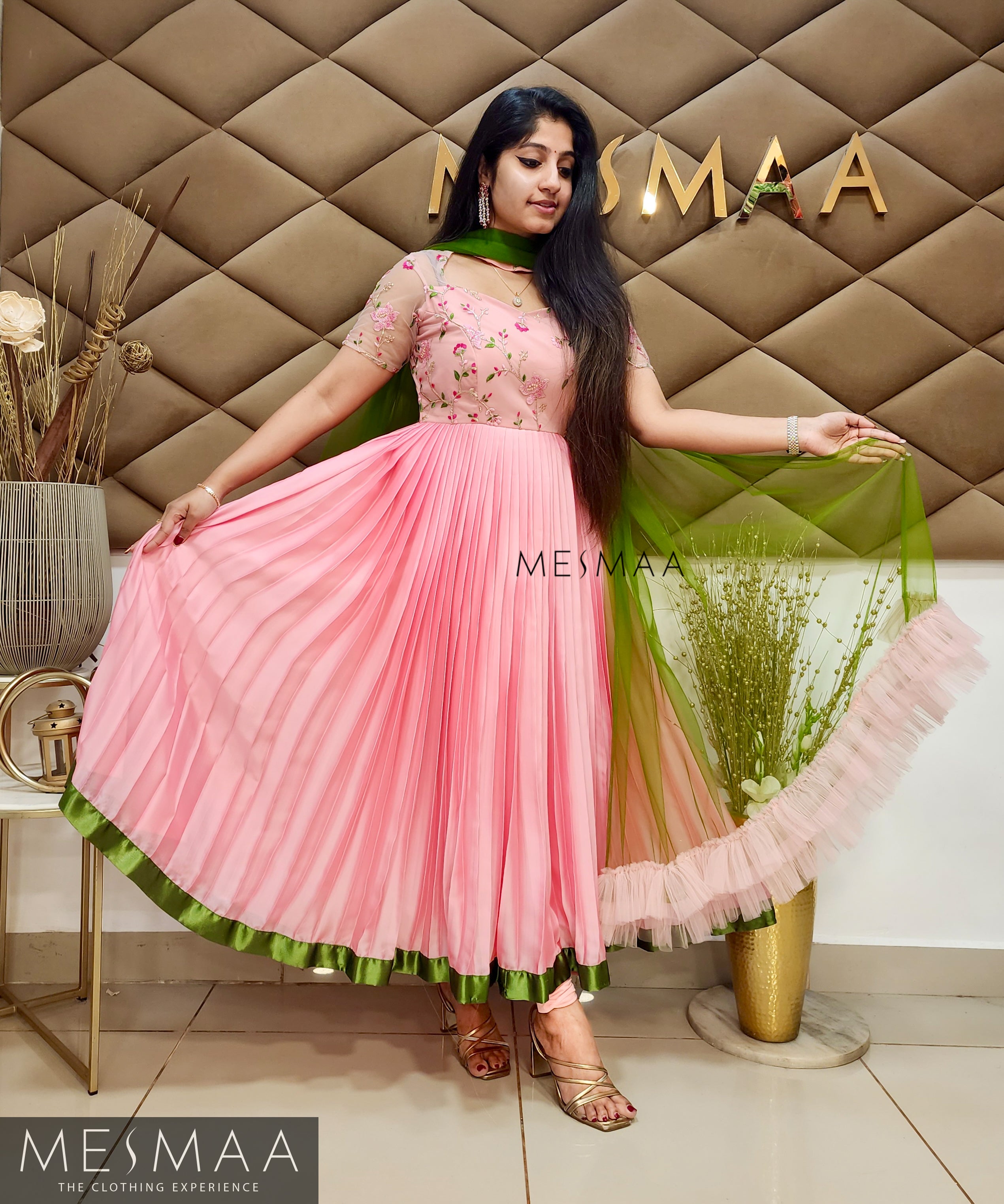 Flamingo pink olive green anarkali.