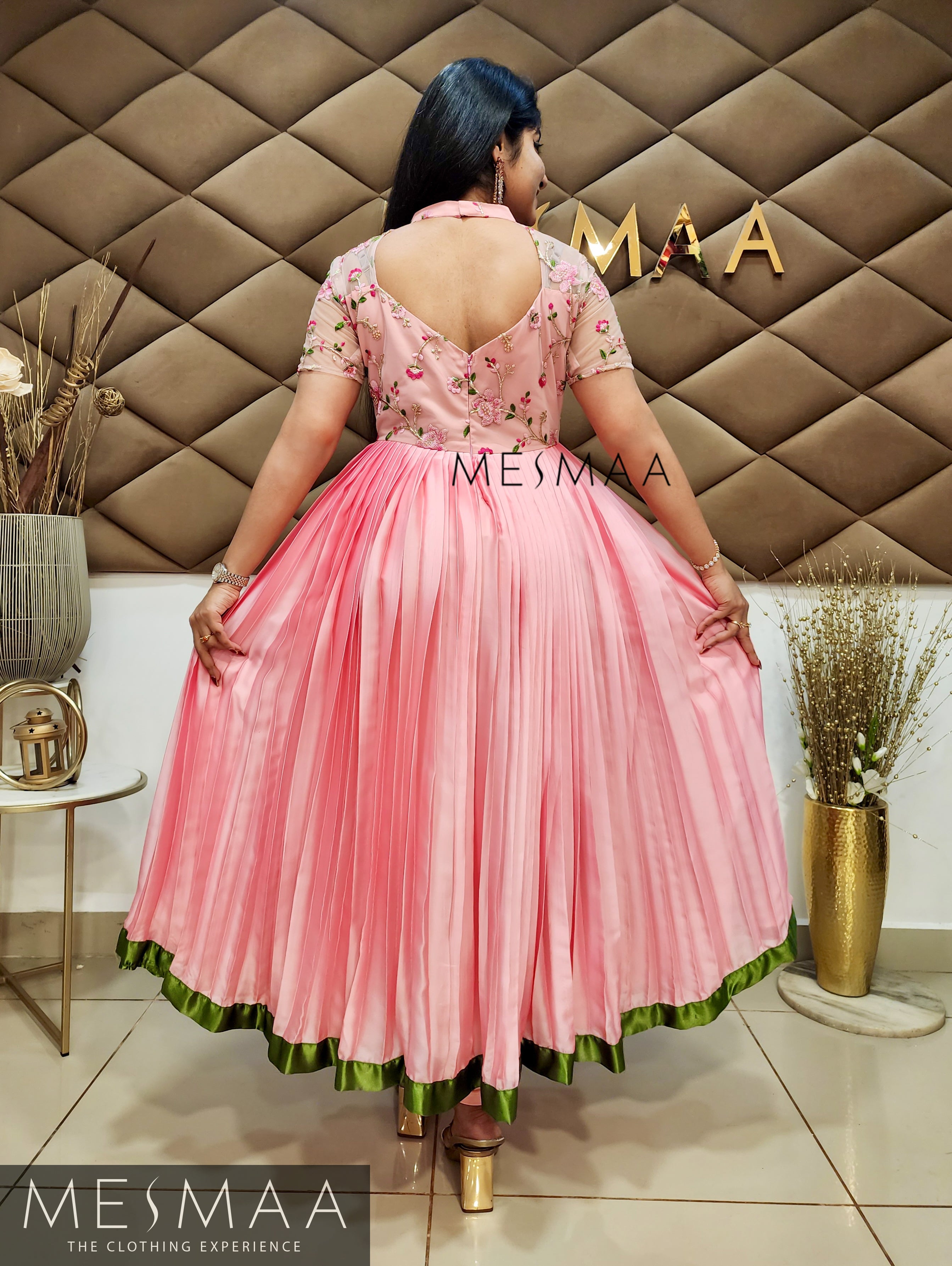 Flamingo pink olive green anarkali.