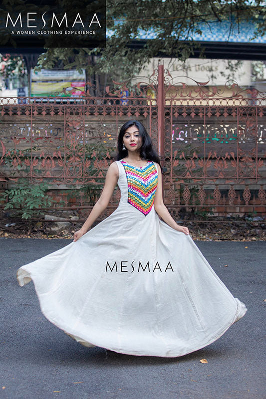 Half white mirror worked floor length dress