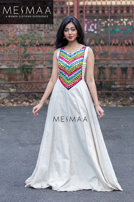 Half white mirror worked floor length dress