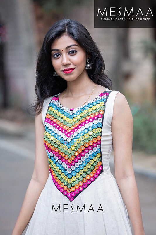 Half white mirror worked floor length dress