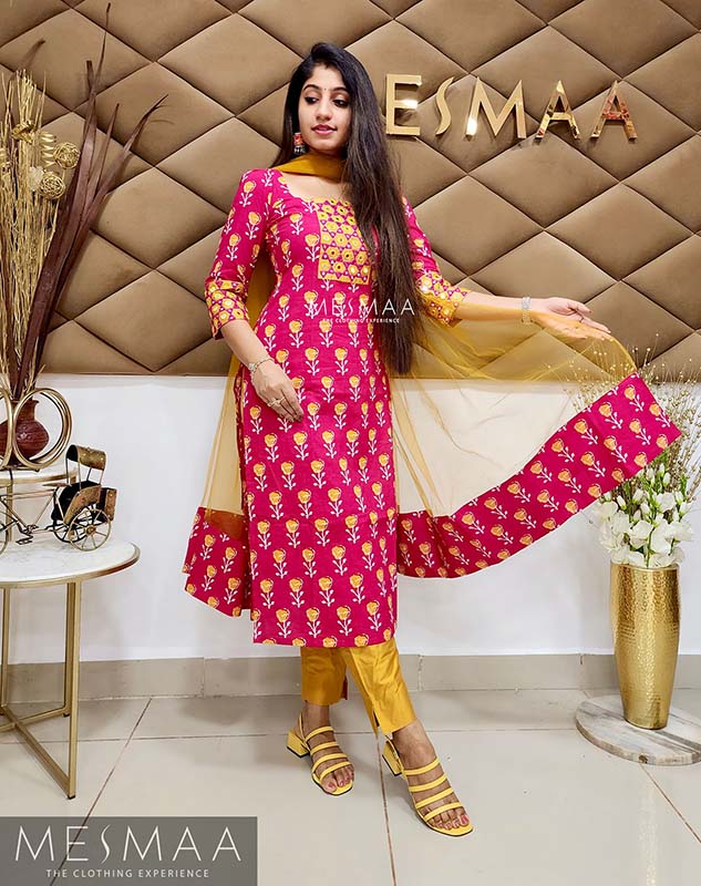 Rani pink mustard yellow mirror worked Kurti