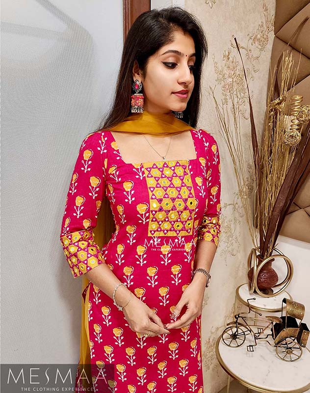 Rani pink mustard yellow mirror worked Kurti
