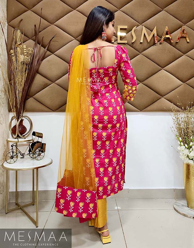Rani pink mustard yellow mirror worked Kurti