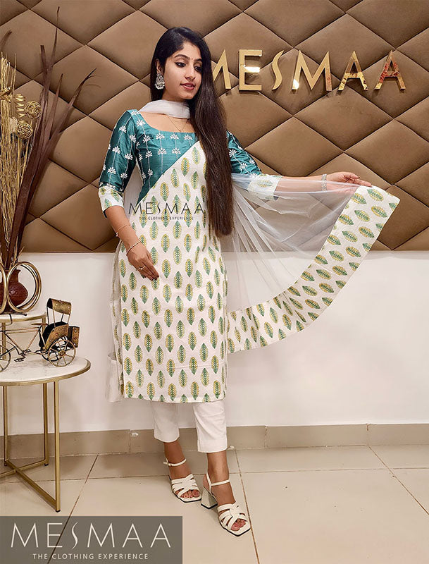 White teal green mirror worked Kurti