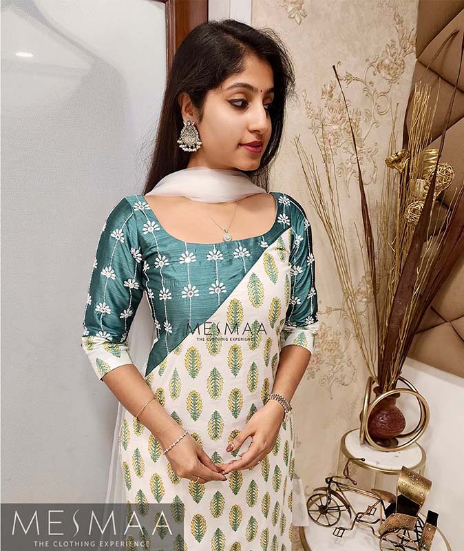 White teal green mirror worked Kurti