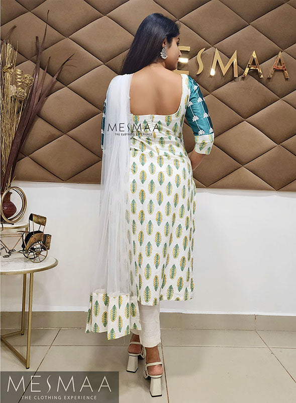 White teal green mirror worked Kurti