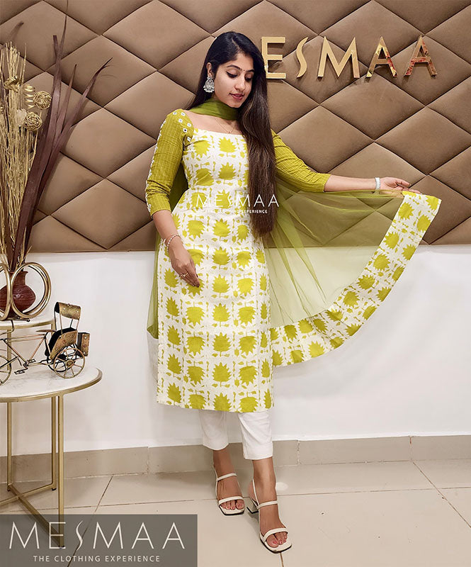 Green white mirror worked Kurti