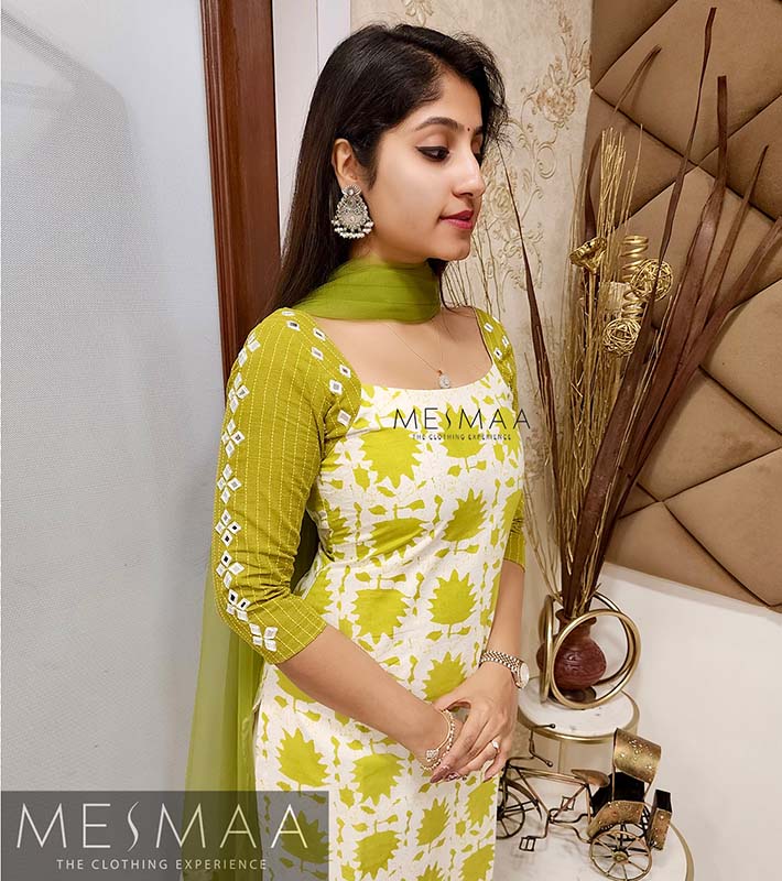 Green white mirror worked Kurti