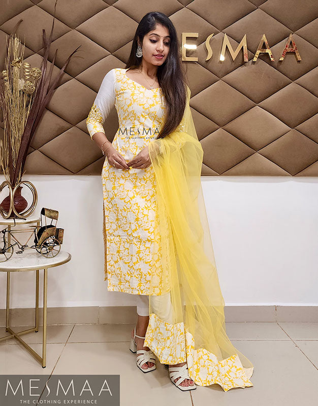 Yellow white mirror worked Kurti