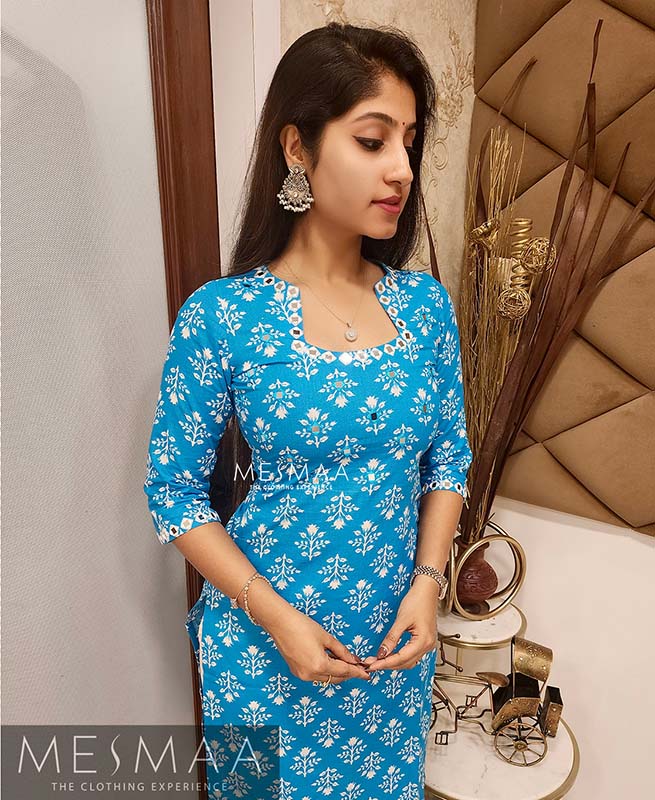 Blue mirror worked Kurti