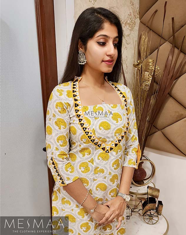 White yellow mirror worked Kurti