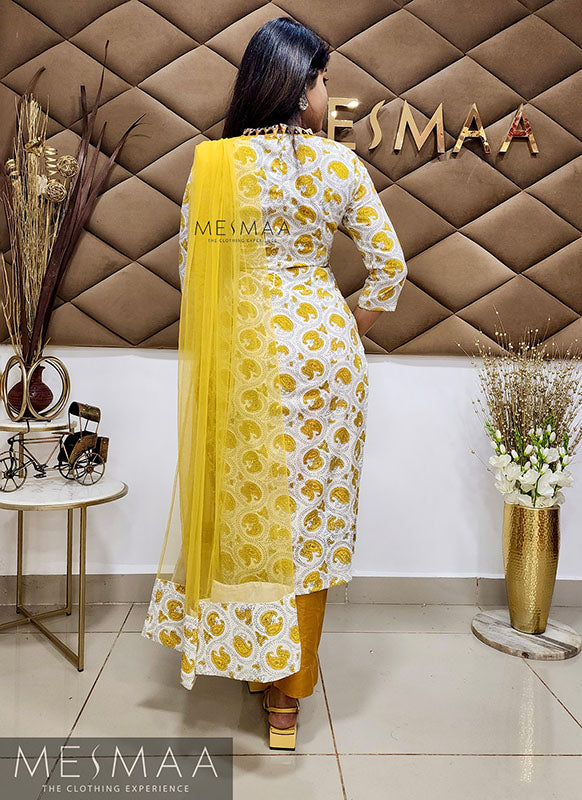 White yellow mirror worked Kurti