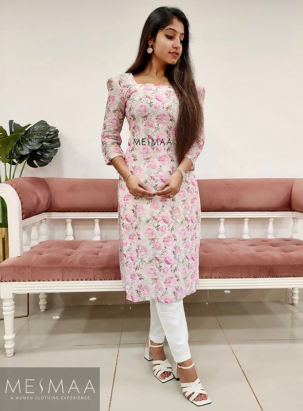 White pink floral Kurti