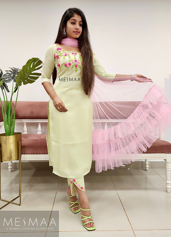 Mint green pink hand worked Kurti