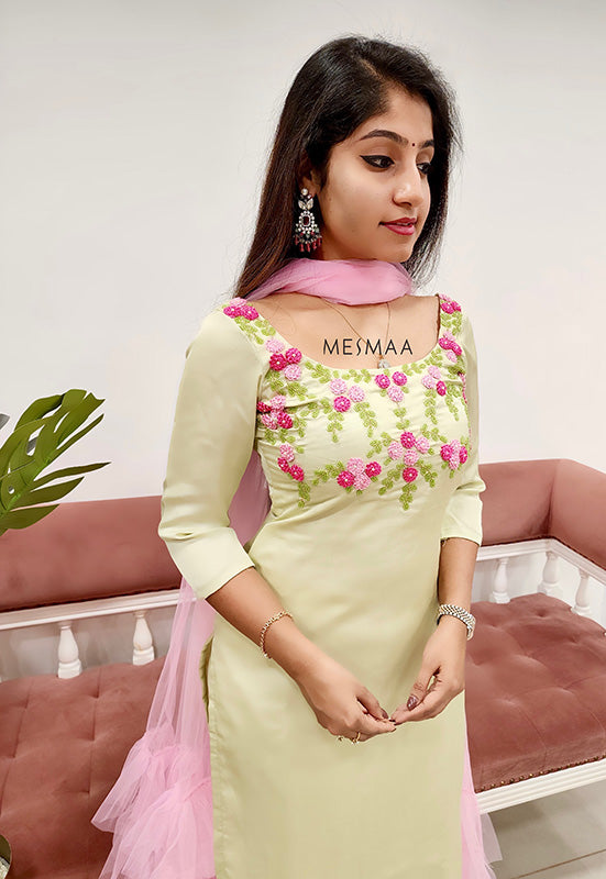 Mint green pink hand worked Kurti
