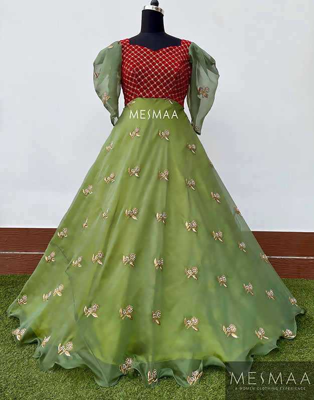 Olive green maroon gown