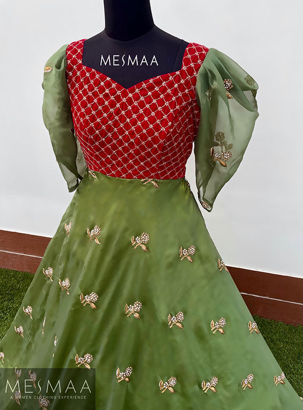 Olive green maroon gown