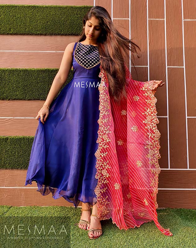 Navy blue candy red georgette dress