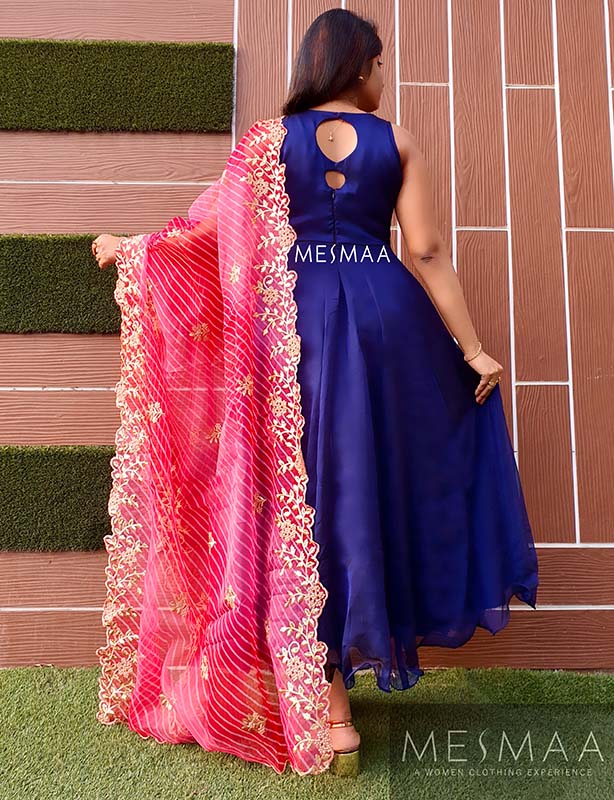 Navy blue candy red georgette dress