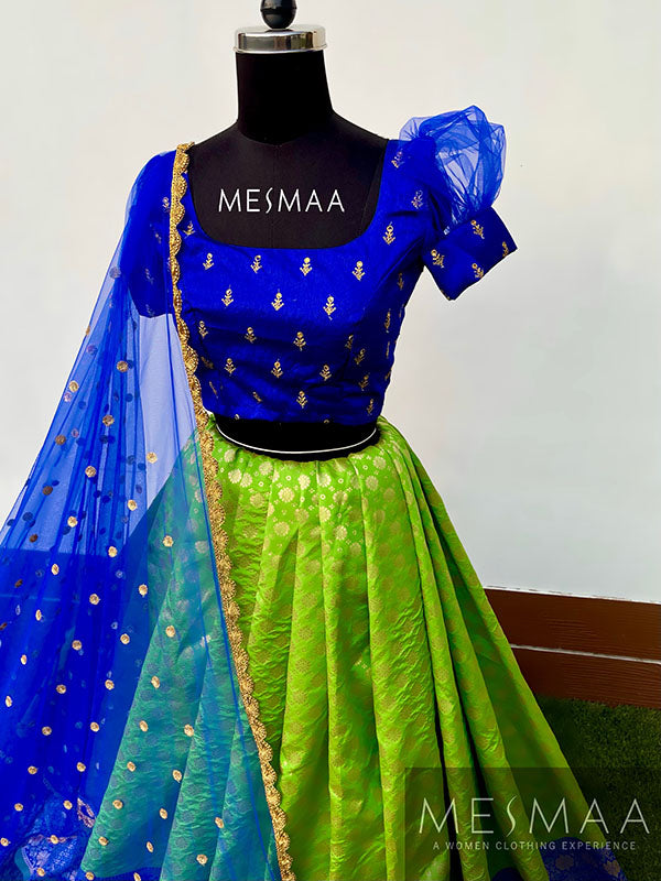 Reddish pink yellow half saree.