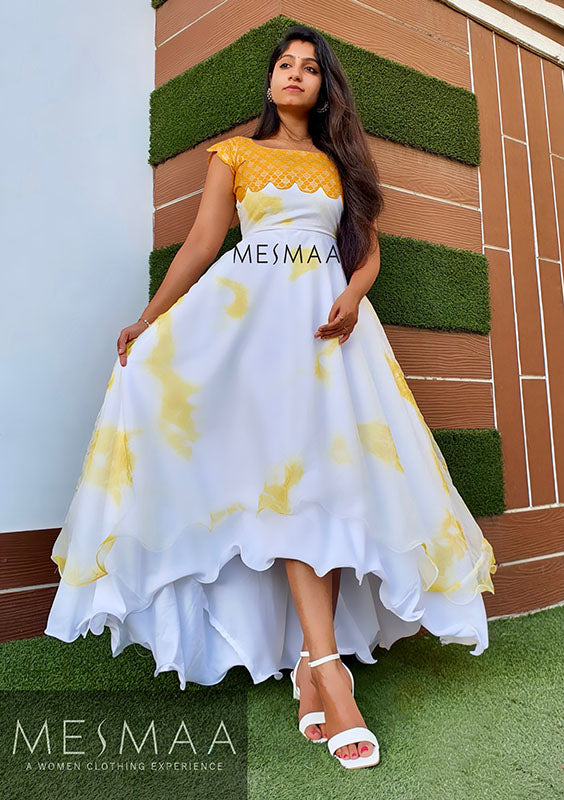 Yellow white low high hem dress