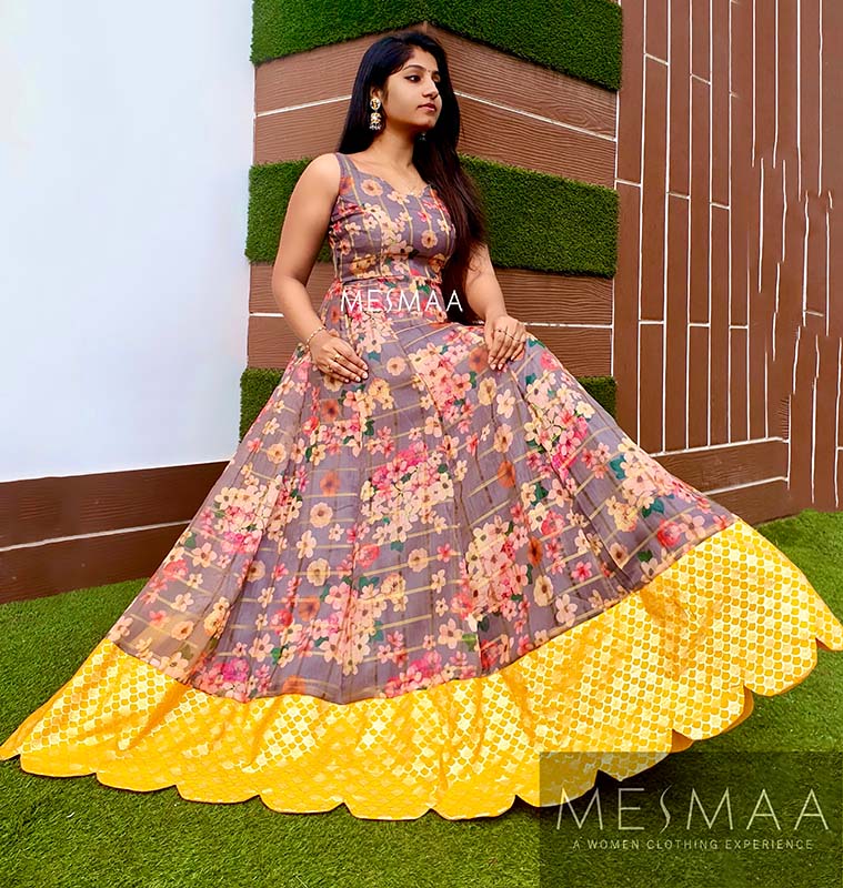 Grey yellow  floral floor length dress