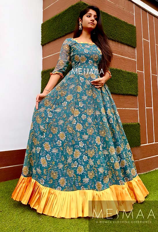 Mustard yellow peacock blue floral floor length dress